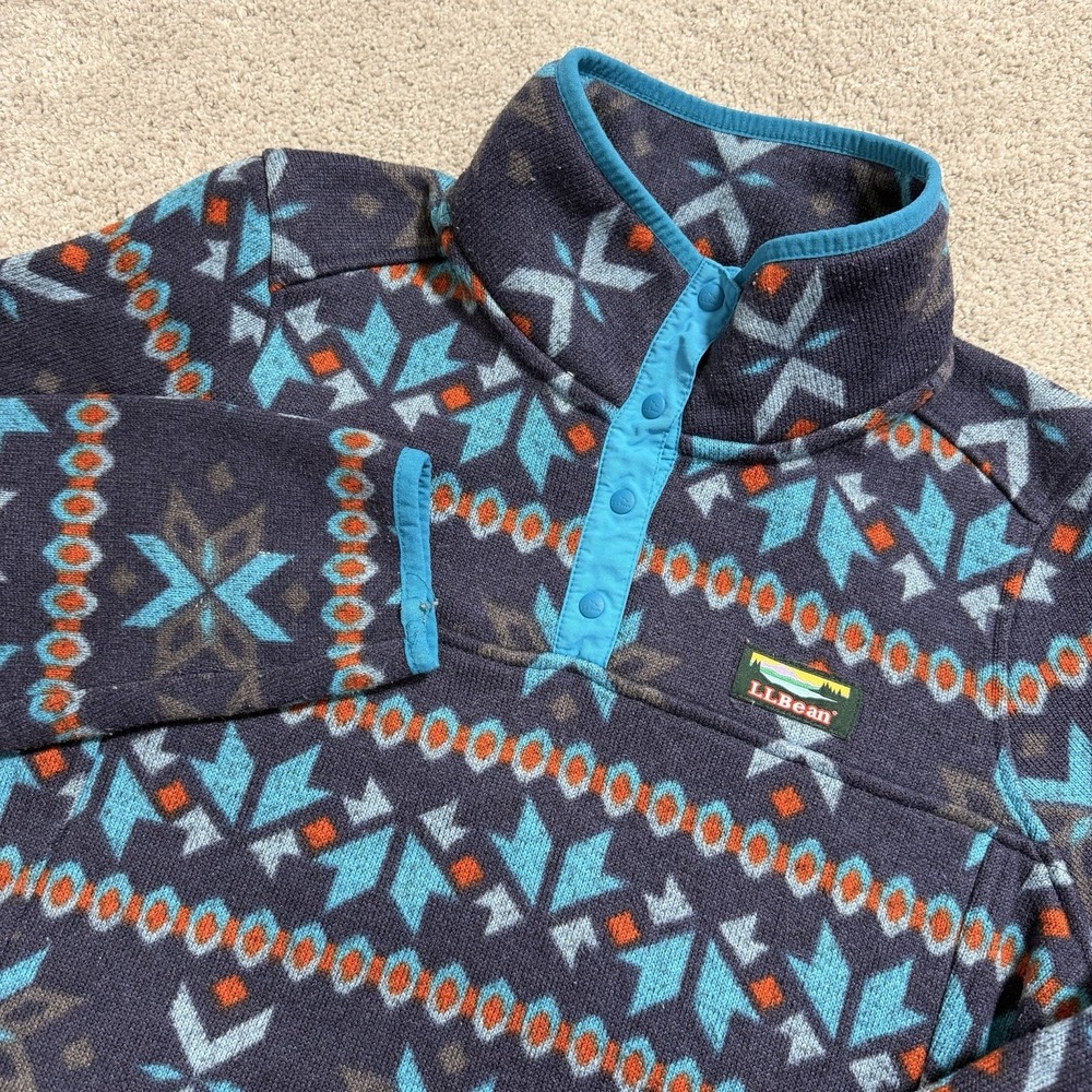 LL Bean Fleece Pullover Womens Sz M Navy Teal Fair Isle Snap Mock Neck 503474‎